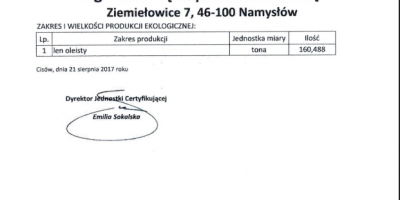 Der landwirtschaftliche Produzent verkauft ökologisches Flachs mit einem 100-Tonnen-Zertifikat,