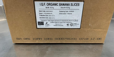 Bananen, gefrorene Bio-Bananen in 10 mm dicken Scheiben. Verpackt